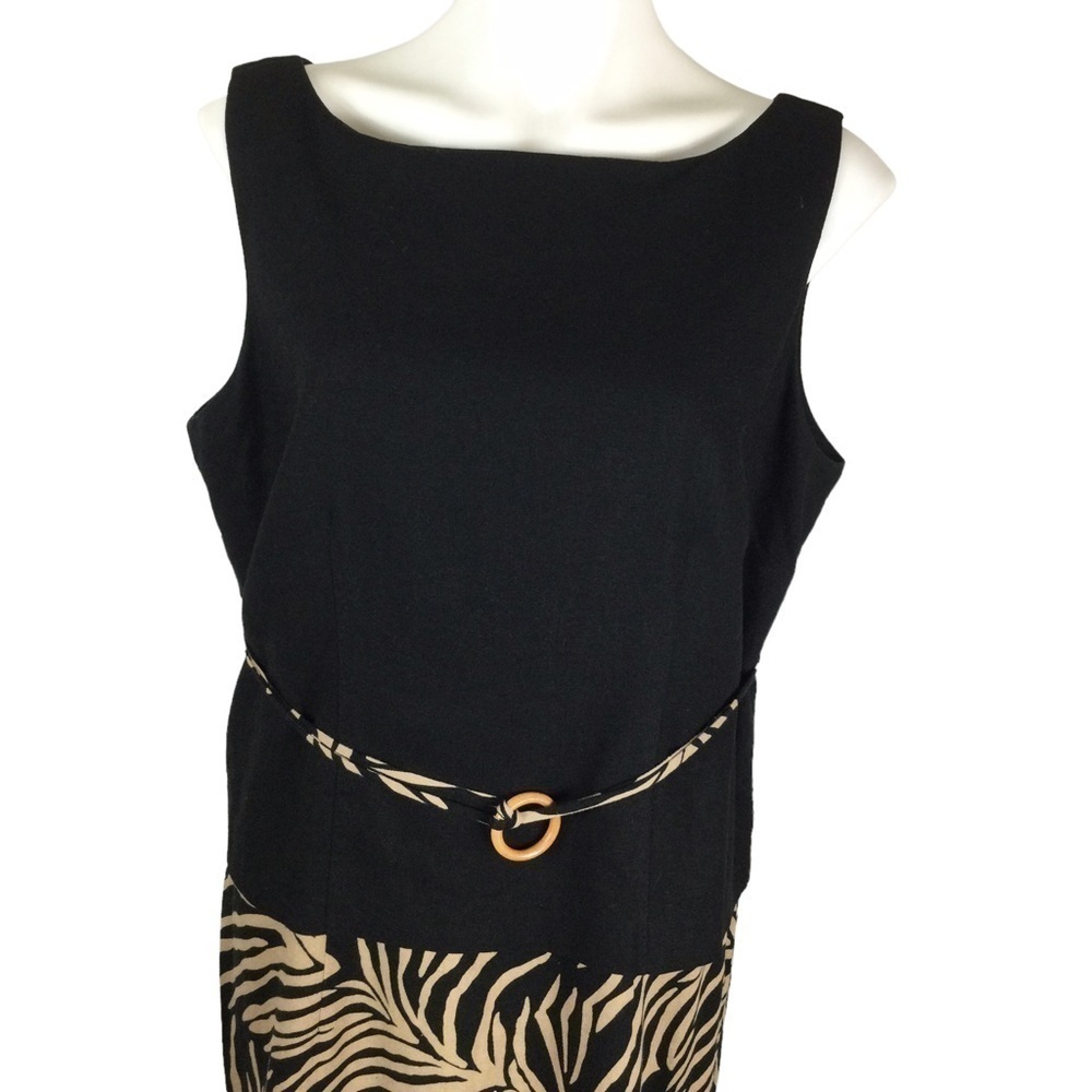 Courtenay‎ Linen Blend Black Tan Leaf/Zebra Print Belted Women Dress Size 14 P - Picture 9 of 12